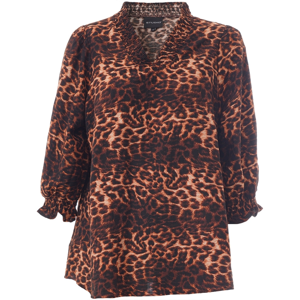 Studio SFeodora Blouse with smock neck Blouse Black/copper animal print