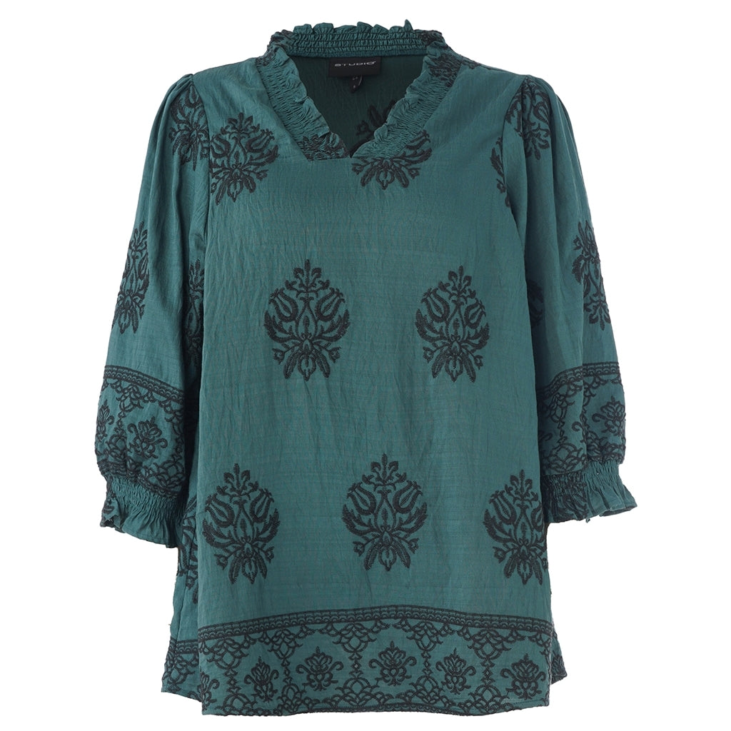 Studio SFeodora Blouse with smock neck Blouse Petrol