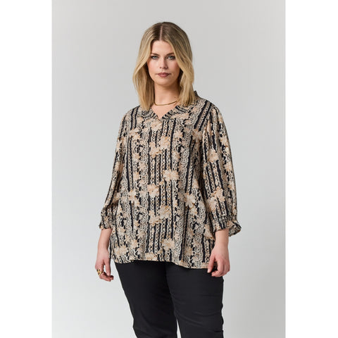 Studio SFeodora Blouse with smock neck Blouse Black with sand flowers and gold stripe