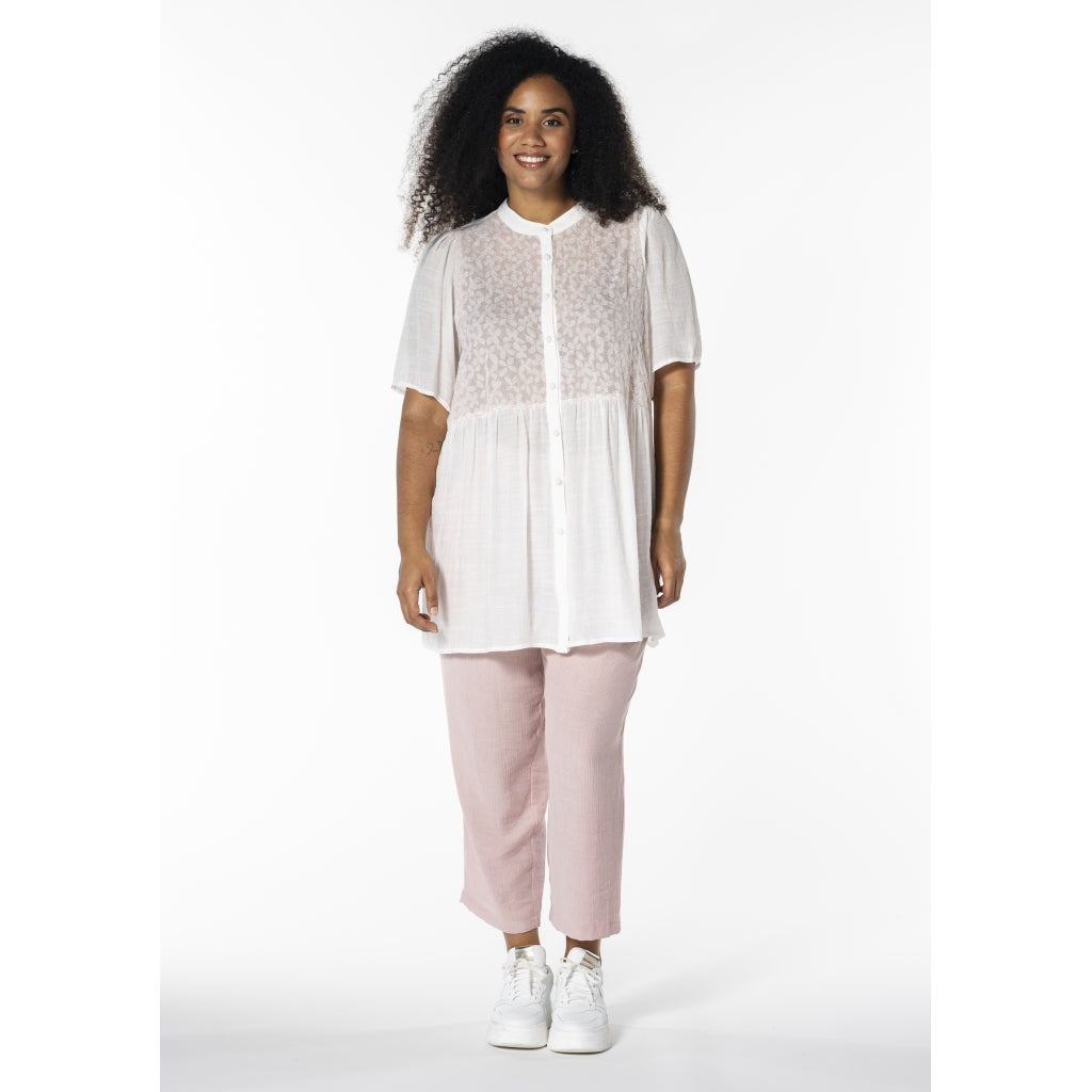 Studio Skatty Tunic Tunic White + pink stitch flower